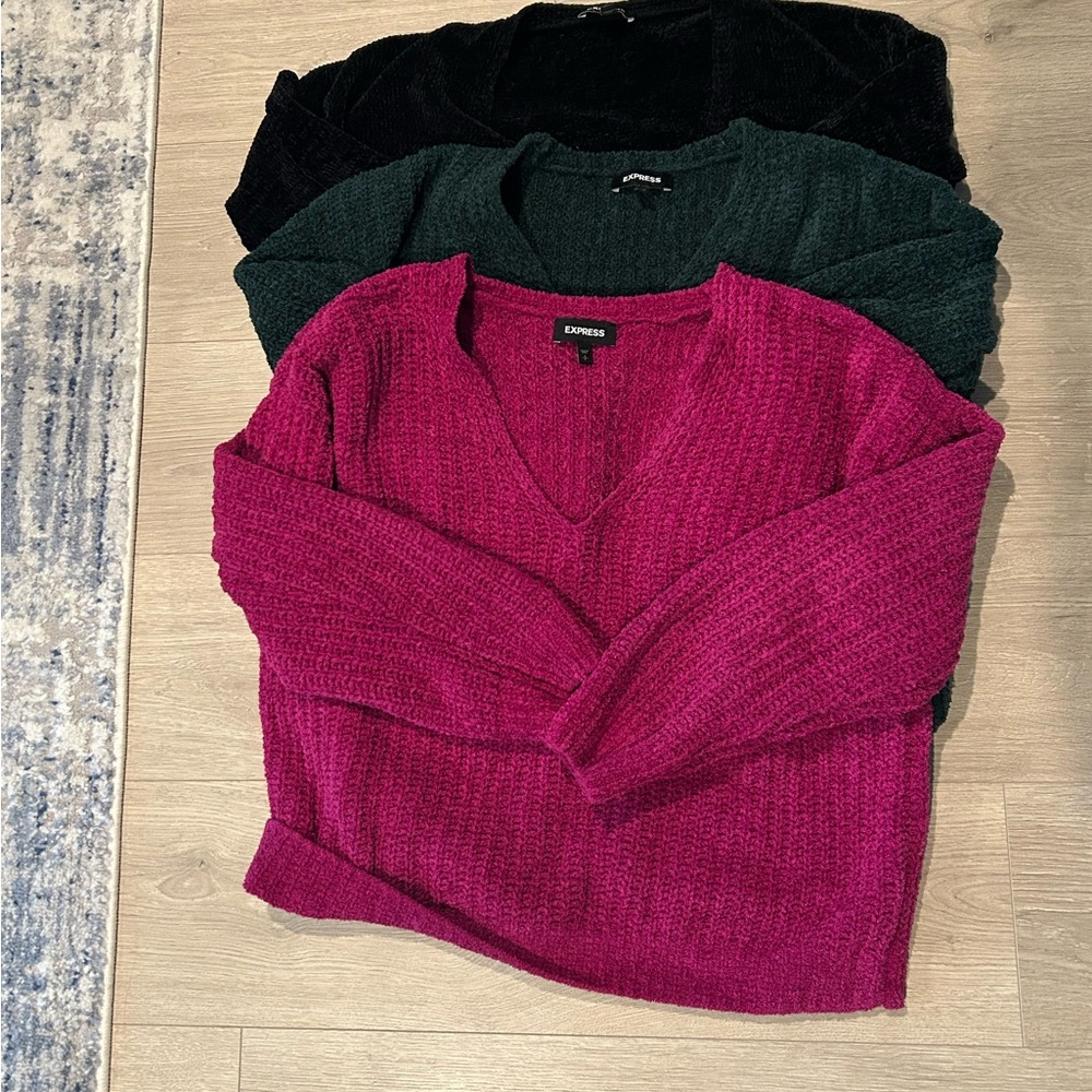 Set of 3 Express Chenille V Neck sweaters.